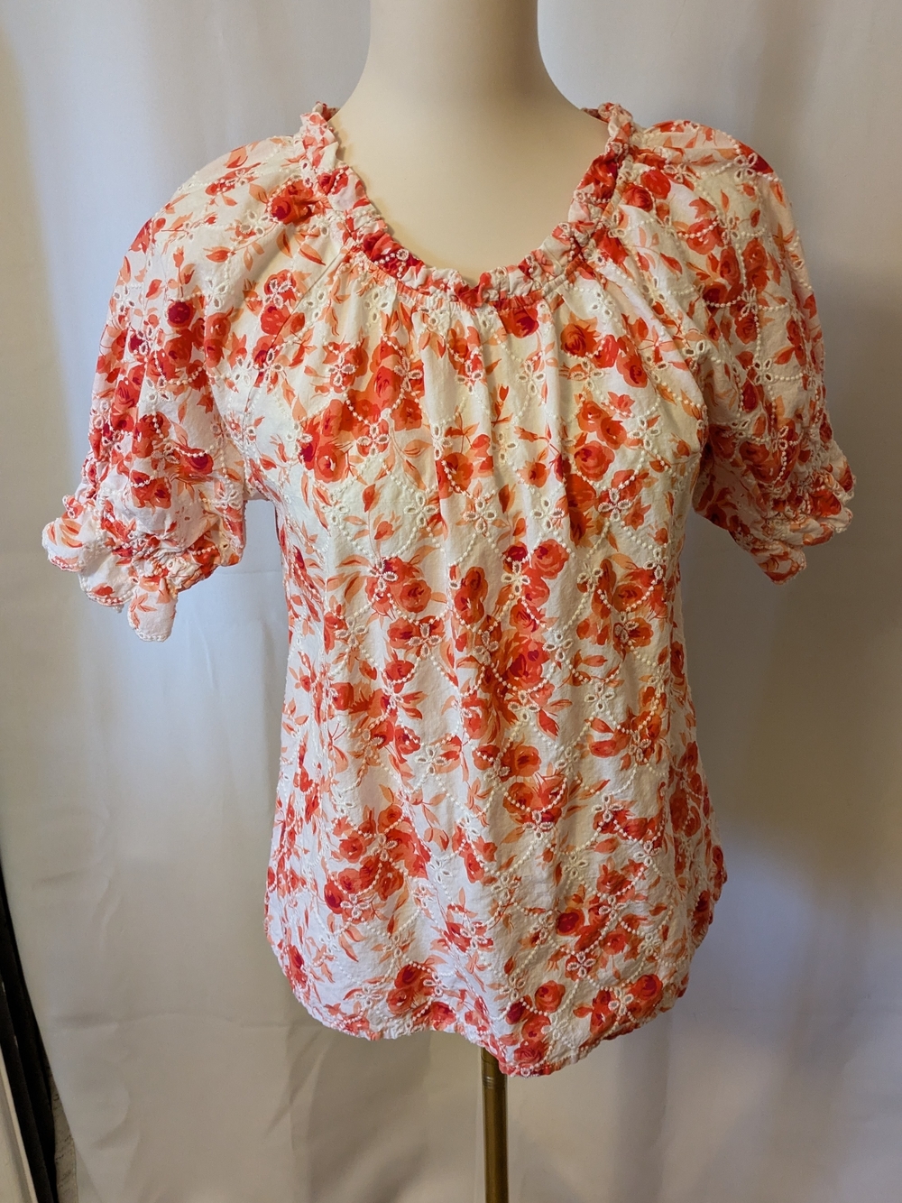 Jennifer and Grace Women’s Floral Eyelet Peasant Top in Coral